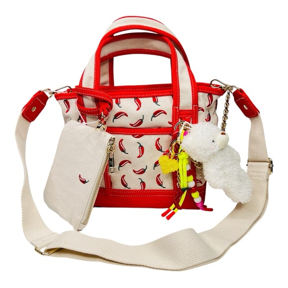 Madden Girl Handbags - Viral Madden Girl Chili Pepper Canvas Mini Tote Crossbody Bag Charms & Keychain